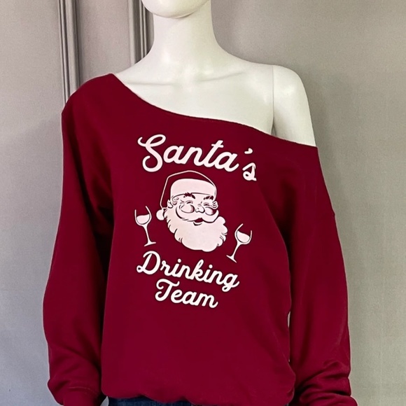 SANTA'S DRINKING TEAM OFF THE SHOULDER SWEATSHIRT CUSTOM - Picture 1 of 1